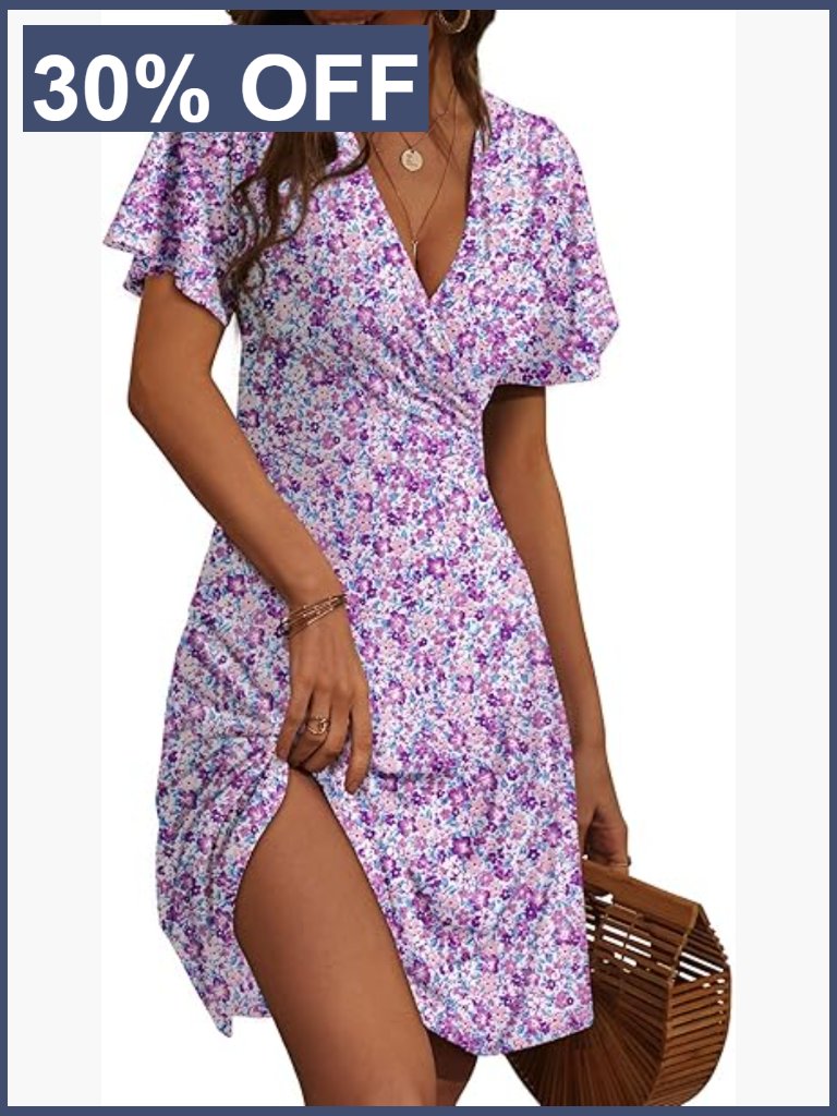 Women's Midi Sundress Floral Wrap V-Neck Short Sleeve A-Line Summer Dress